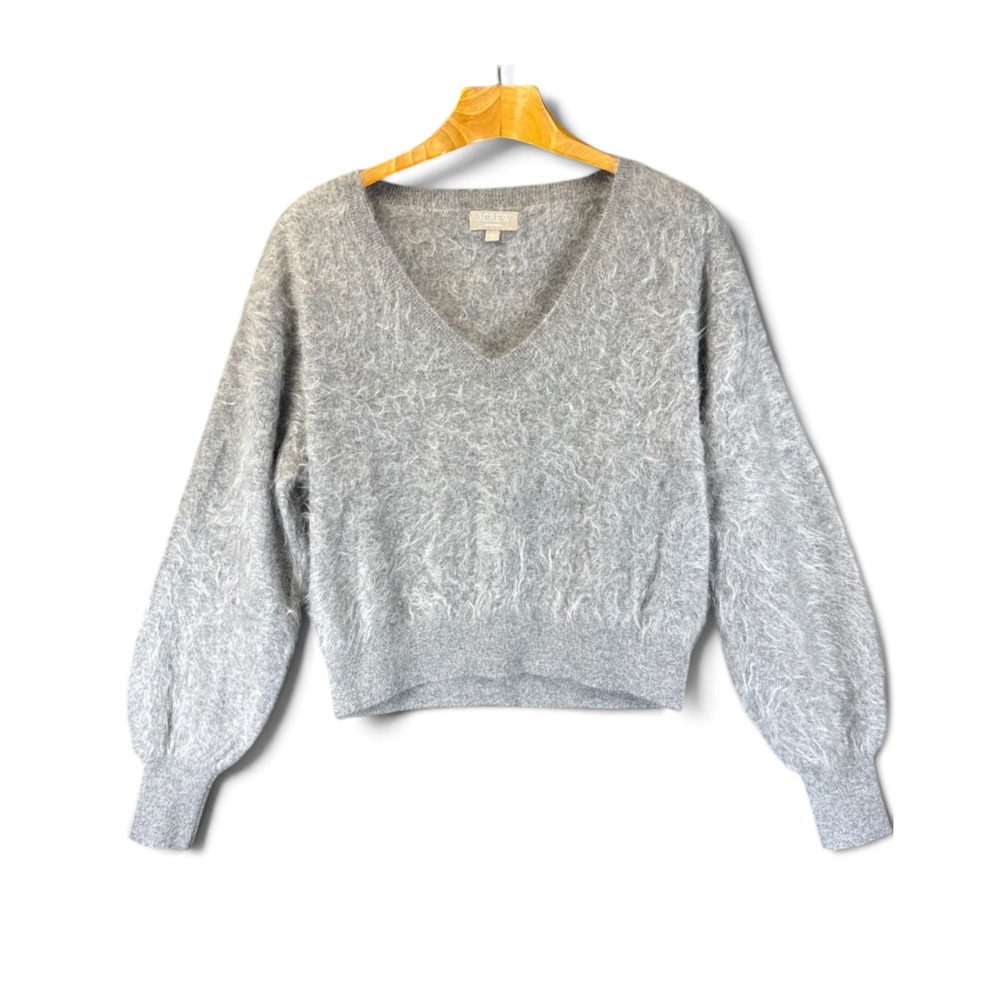 J.Crew Luxury Brushed Cashmere V-Neck Sweater Womens L Grey Cropped Shaggy BX462